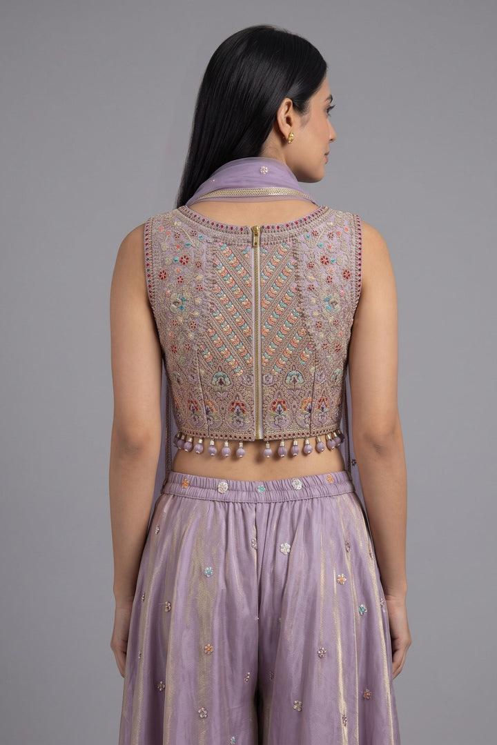 Lavender Zari, Sequins and Multicolor Thread work Palazzo Suit Set