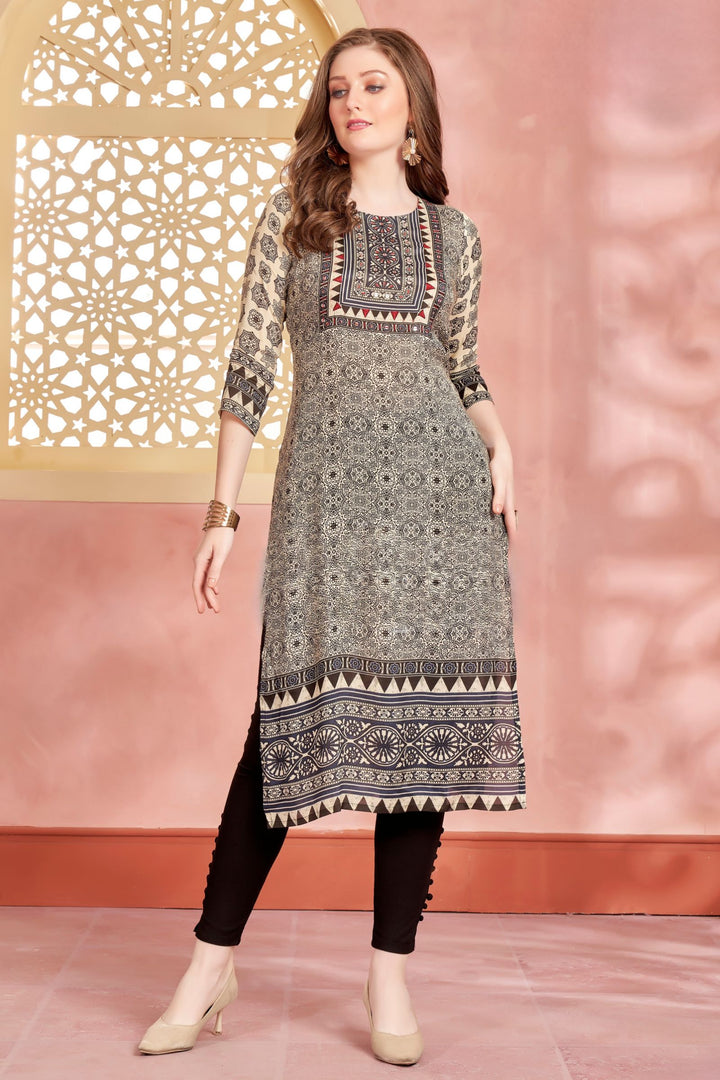 Cream Beads and Thread work with Ajrakh Print Calf Length Kurti