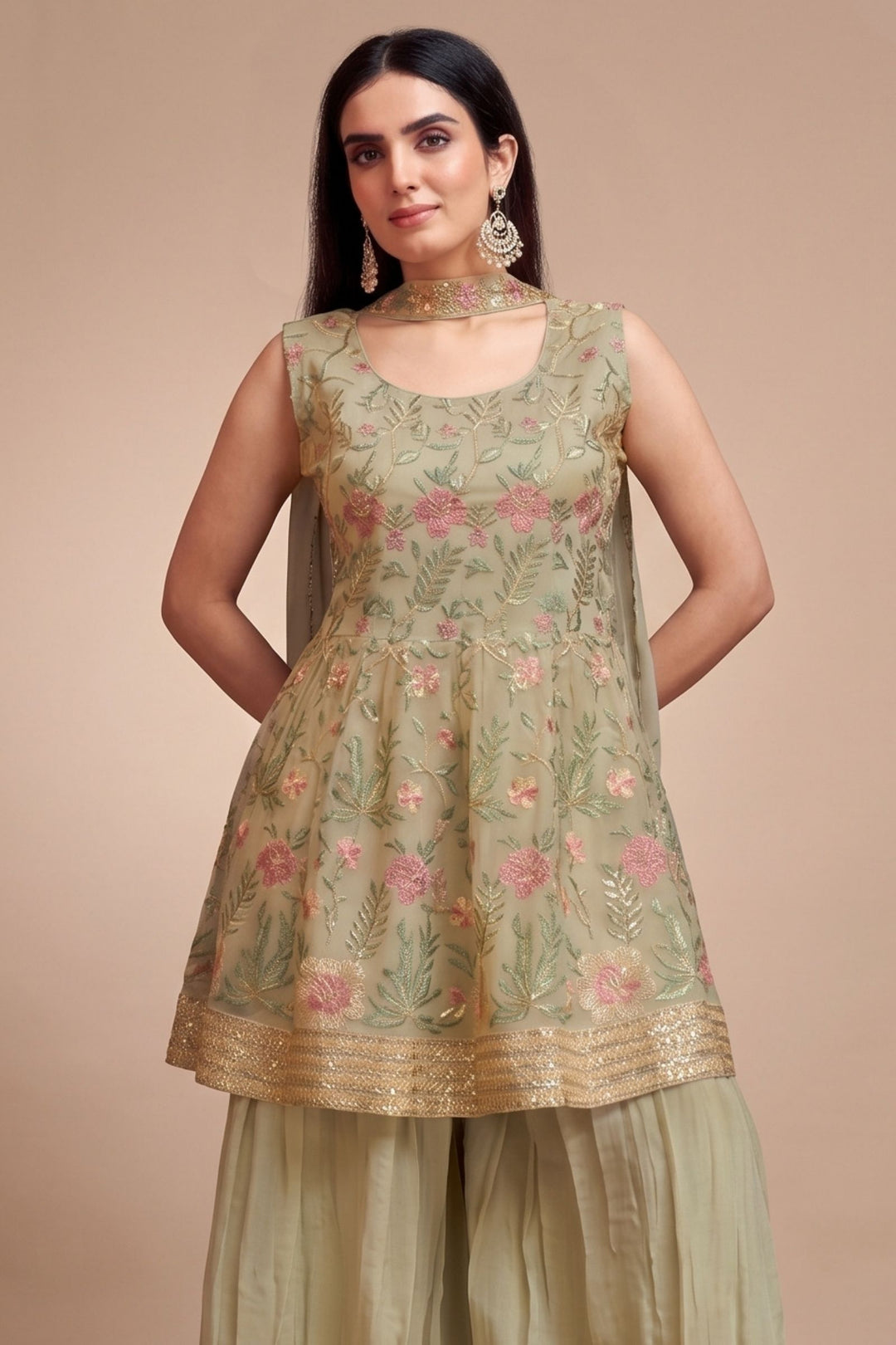 Dusty Green Embroidery, Zari and Sequins work Palazzo Set with Peplum Top