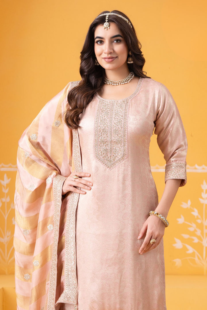 Peach Banaras, Zari Thread and Stone work Straight Cut Salwar Suit