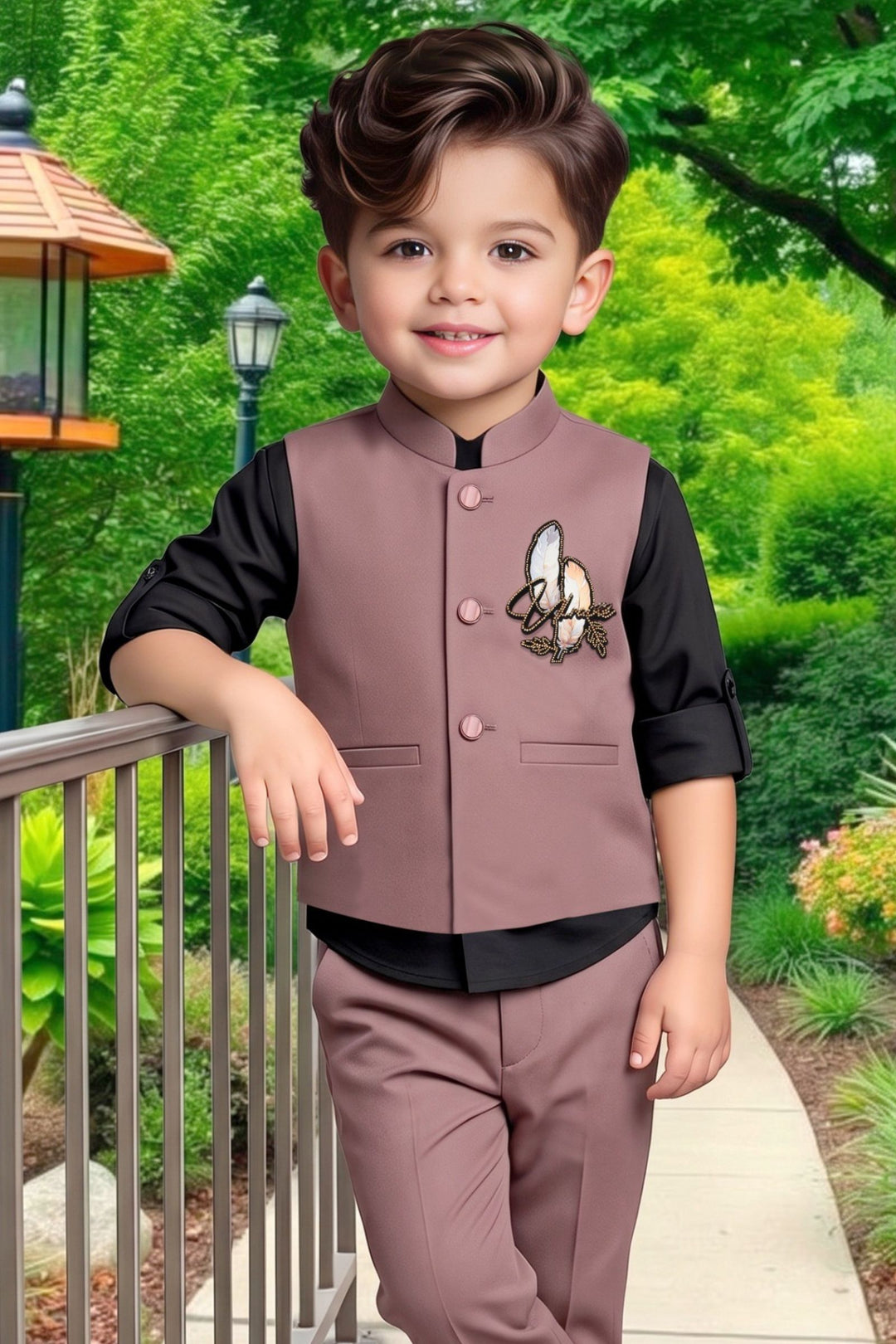 Light Brown Boys Waistcoat Set with Black Shirt and Light Brown Pants