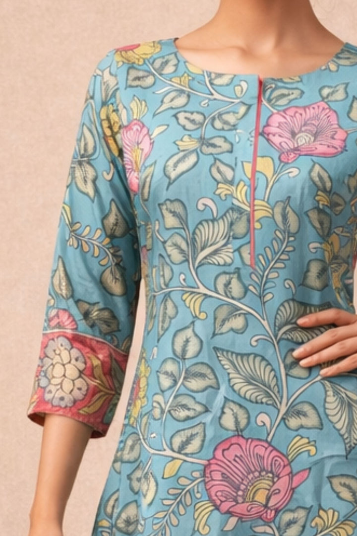 Sea Blue Beads work with Floral Print A-line Cut Calf Length Kurti