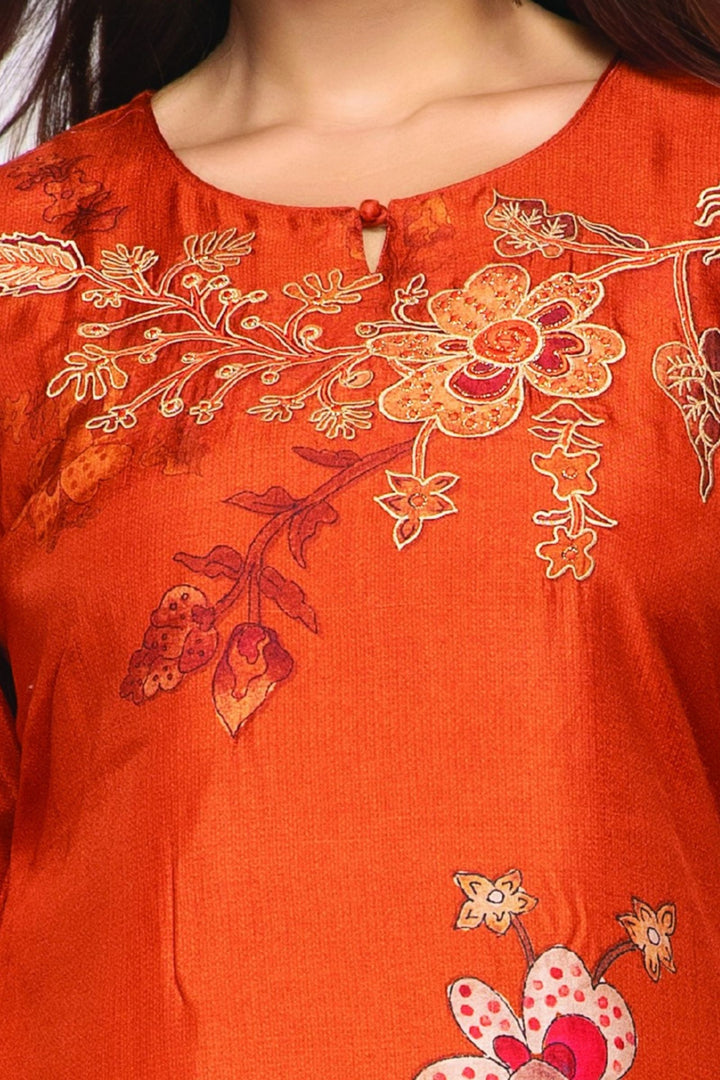 Rust Orange Floral Print Straight Kurta Set
