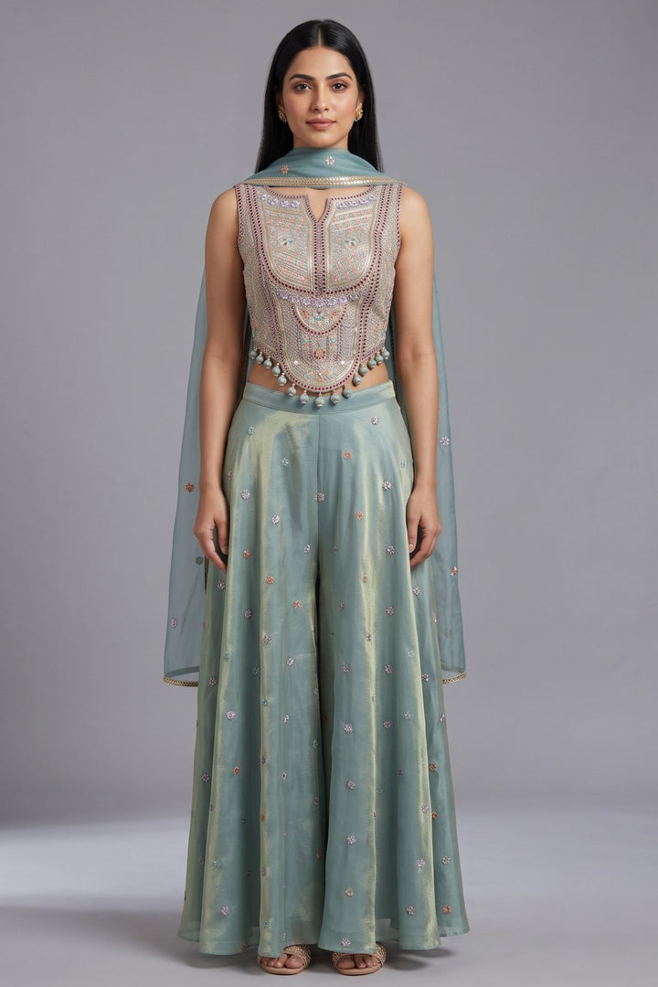 Sea Green Zari, Sequins and Multicolor Thread work Palazzo Suit Set