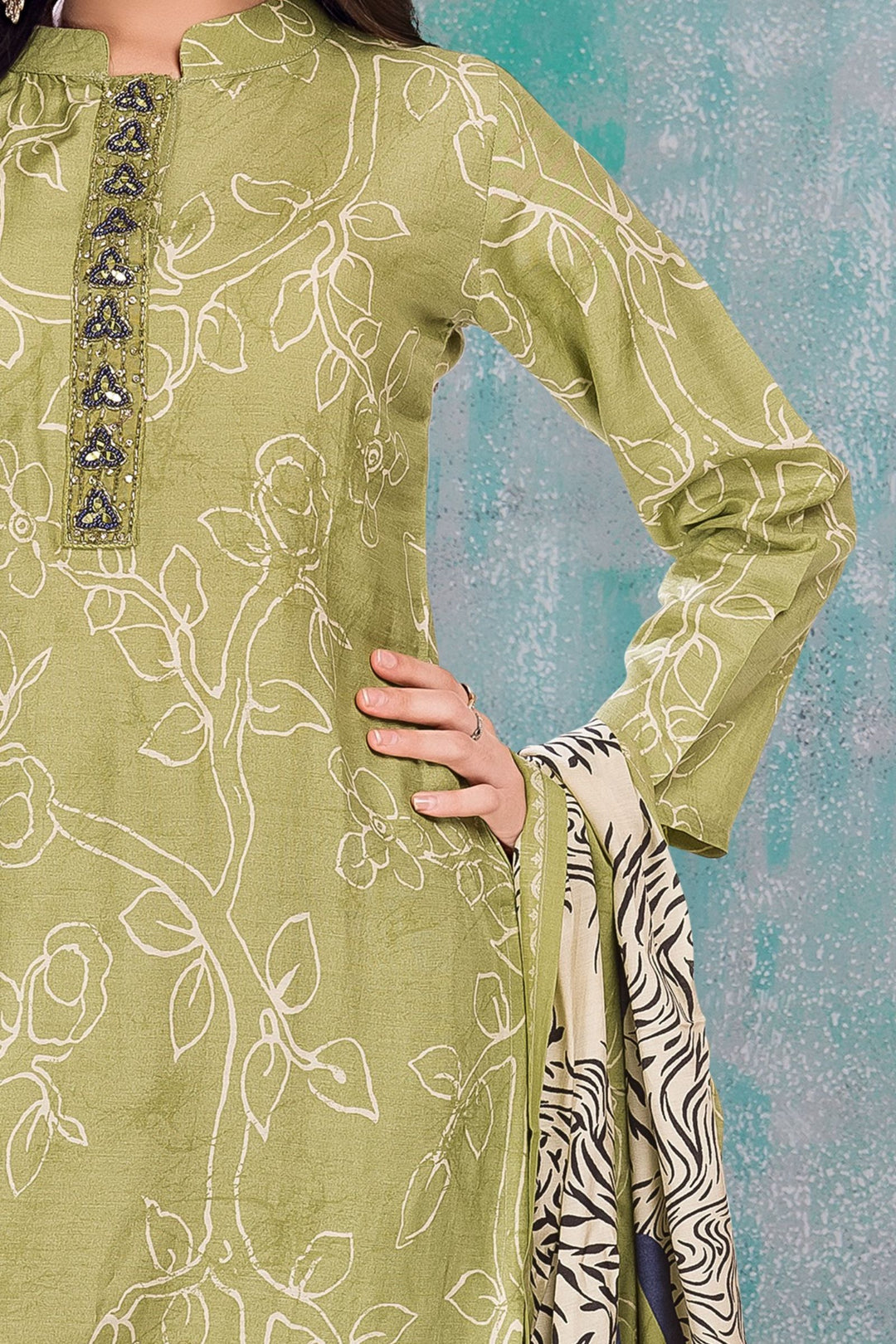 Pista Green Mirror and Beads work with Printed Straight Cut Salwar Suit for Girls