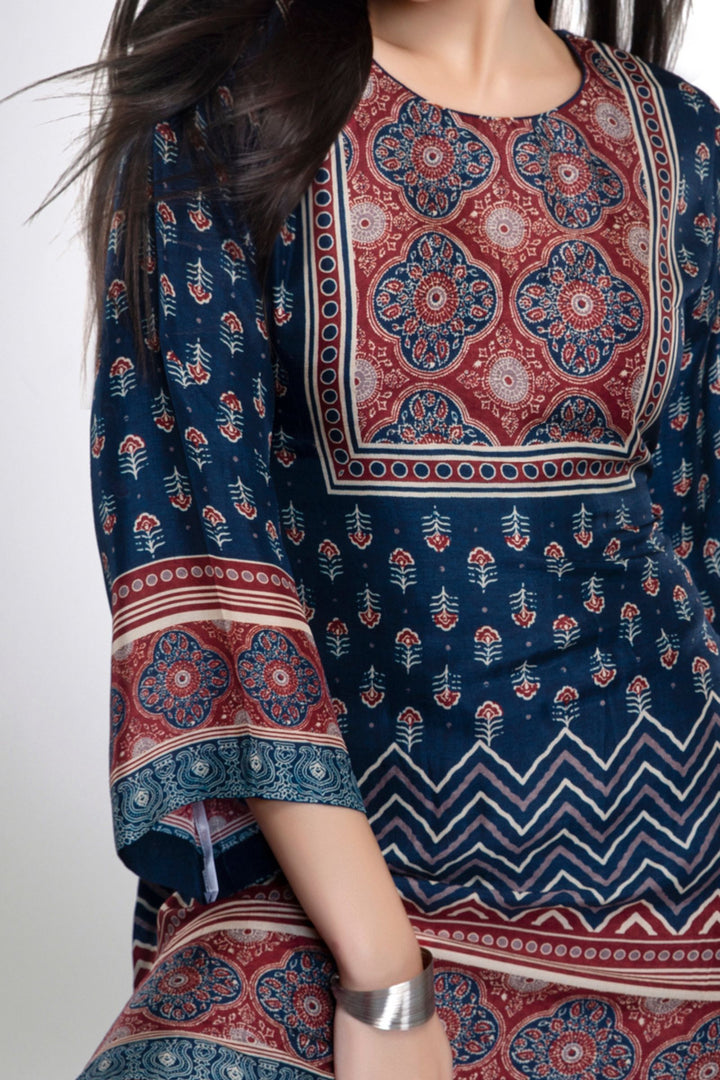 Navy Blue Multicolor Digital Print Short Kurti