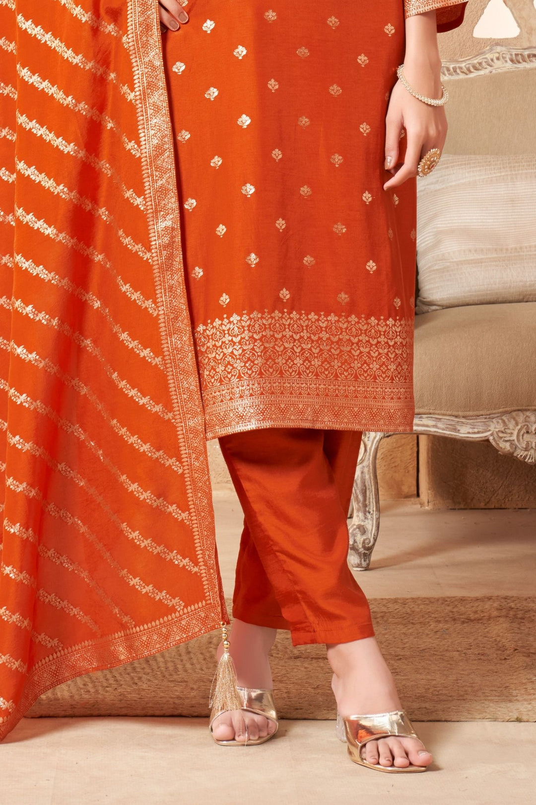 Orange Banaras, Zardozi, Beads and Sequins work Straight Cut Salwar Suit