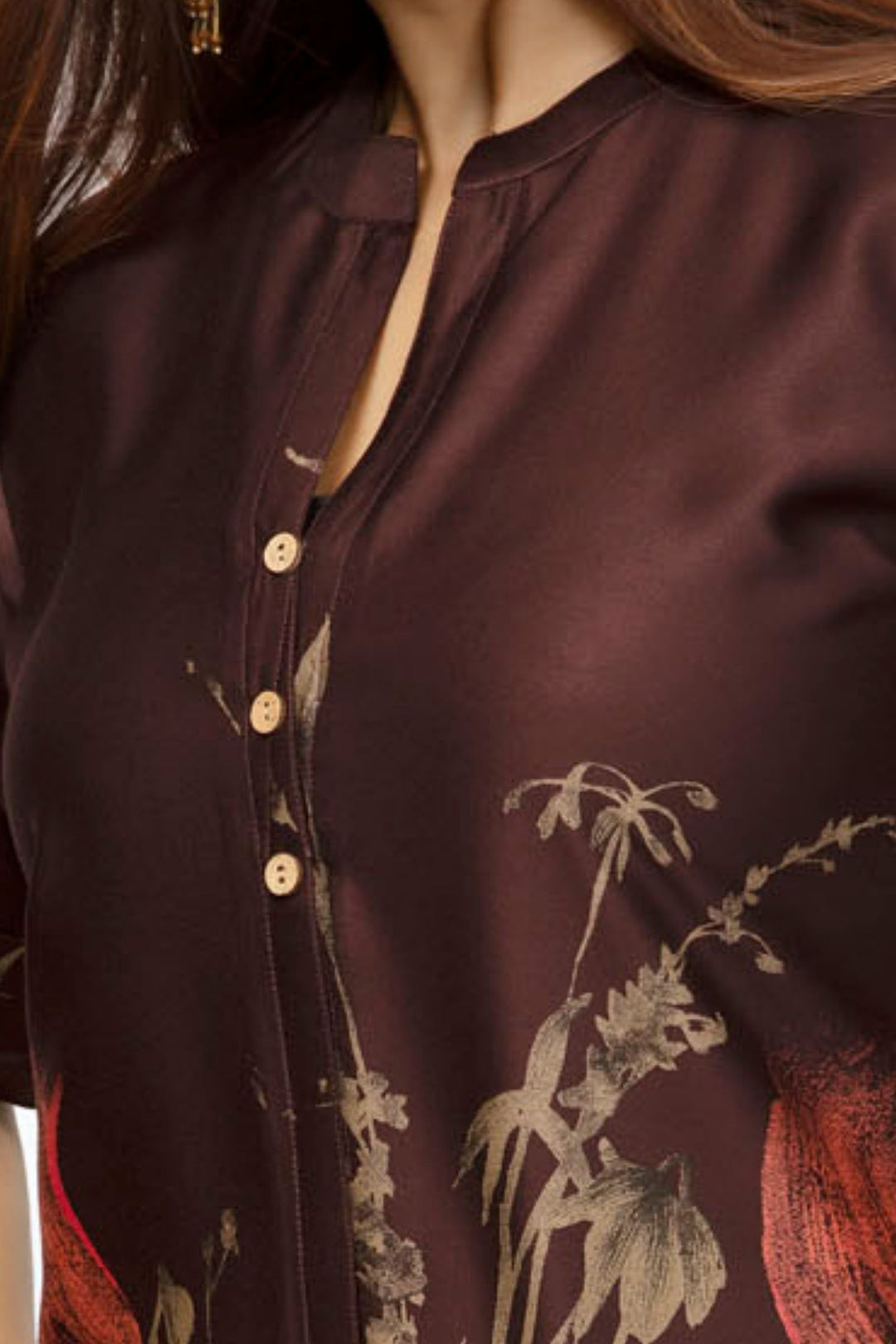 Coffee Brown Floral Print Short Kurti