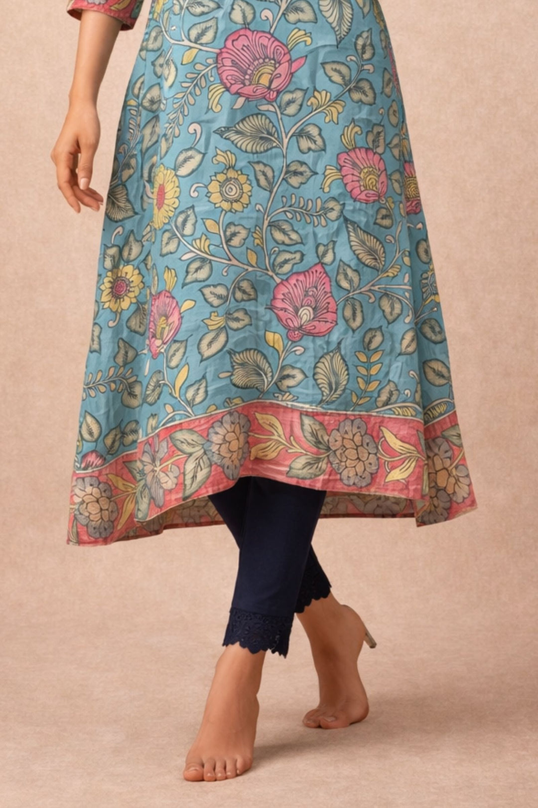 Sea Blue Beads work with Floral Print A-line Cut Calf Length Kurti