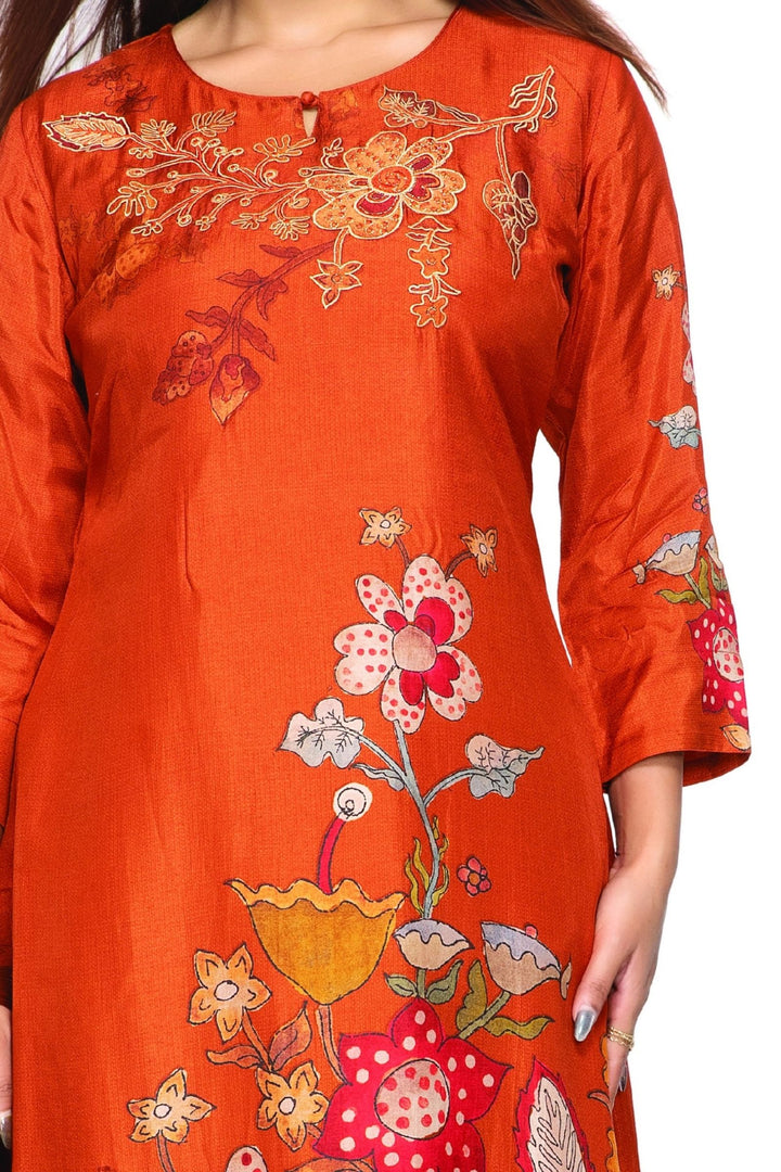 Rust Orange Floral Print Straight Kurta Set