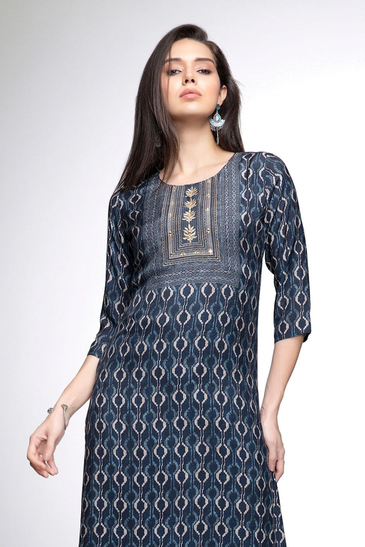 Navy Blue Mirror, Zari and Thread work with Digital Print Calf Length Kurti