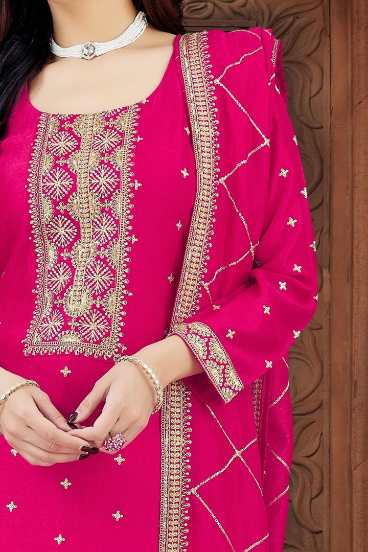Rani Pink Sequins, Zari and Beads work Straight Cut Salwar Suit