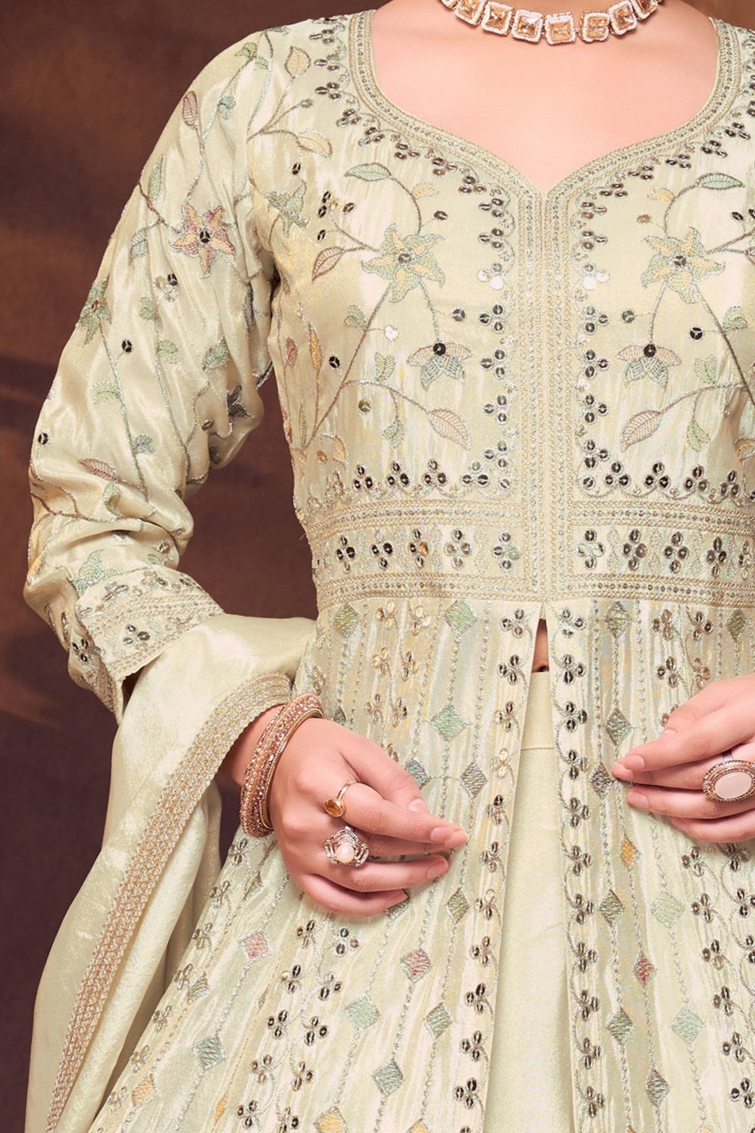 Pista Green Sequins, Zari and Multicolor Thread work Palazzo Salwar Suit