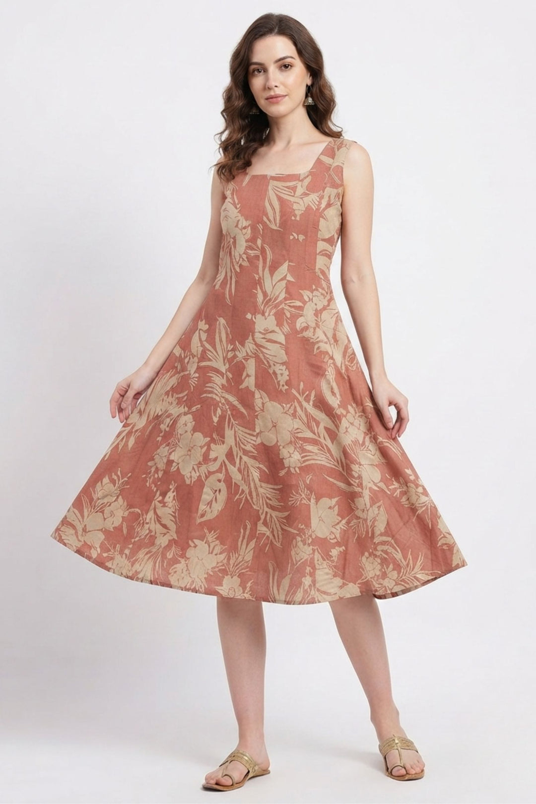 Terracotta Pink with Floral Print Anarkali Styled Kurti