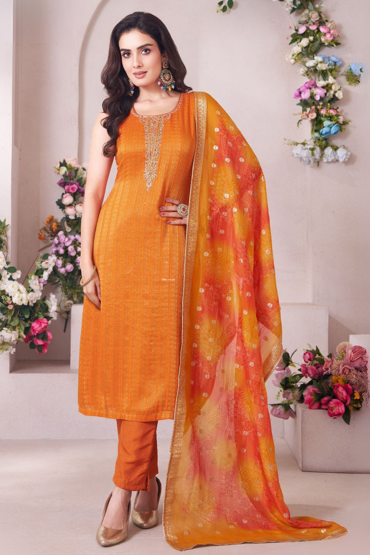 Orange Zardozi, Beads, Zari, Stone, Mirror and Thread work Straight Cut Salwar Suit
