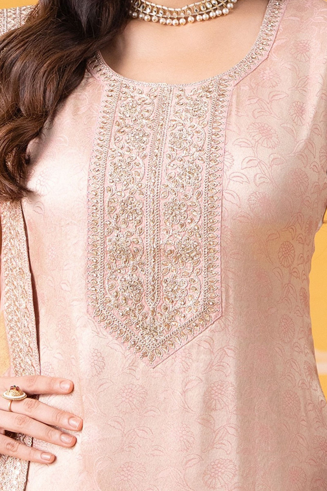 Peach Banaras, Zari Thread and Stone work Straight Cut Salwar Suit