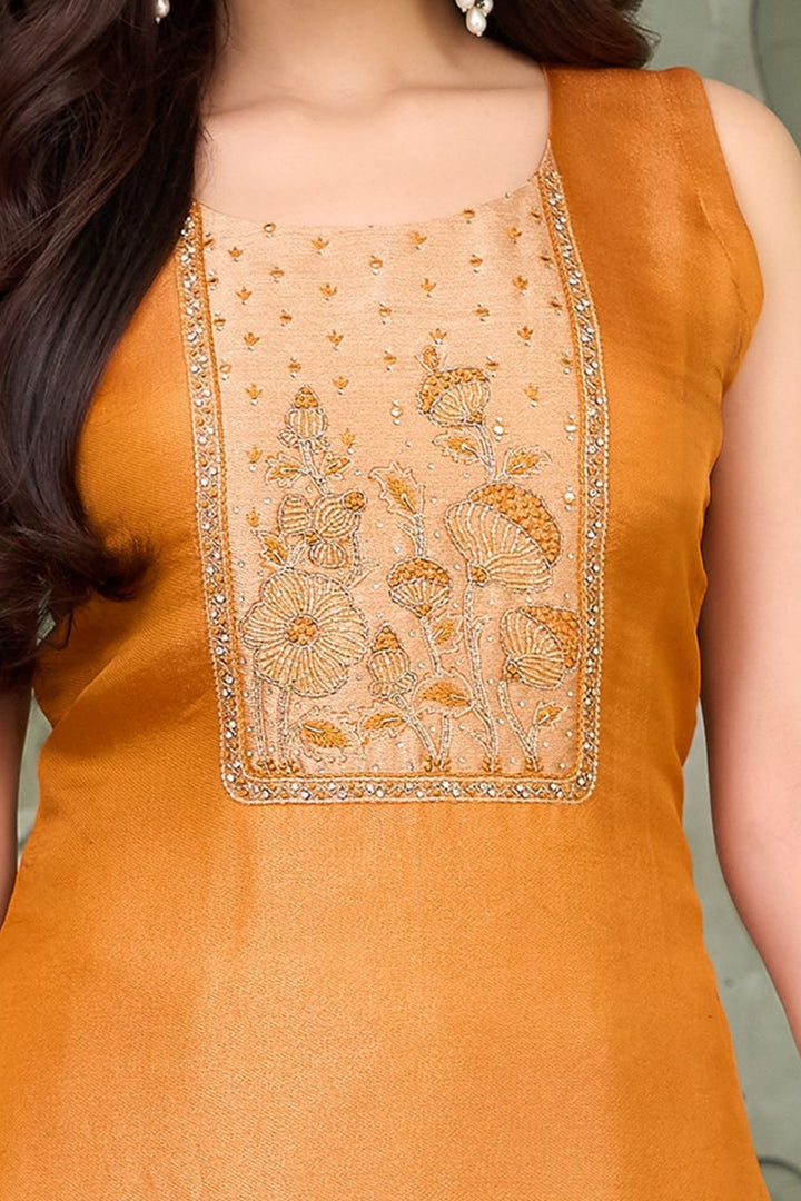 Orange Stone, Zari, Thread and Beads work Straight Cut Salwar Suit