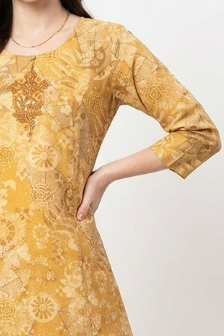 Mustard Embroidery and Mirror work with Digital Print A-Line Cut Calf Length Kurti