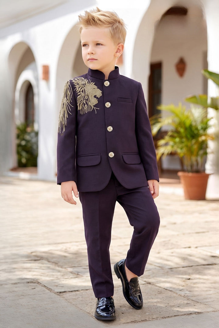 Wine Lion Beads Embroidered Shoulder Detail Jodhpuri Suit for Boys