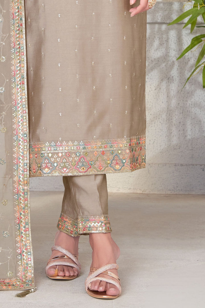 Beige Multicolor Thread, Sequins and Zari work Straight Cut Salwar Suit