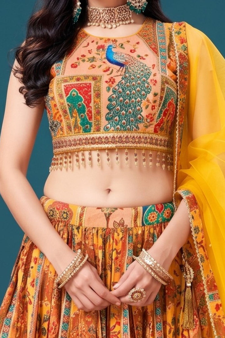Mustard Mirror, Stone, Zari and Sequins work with Peacock Motif Printed Lehenga Set