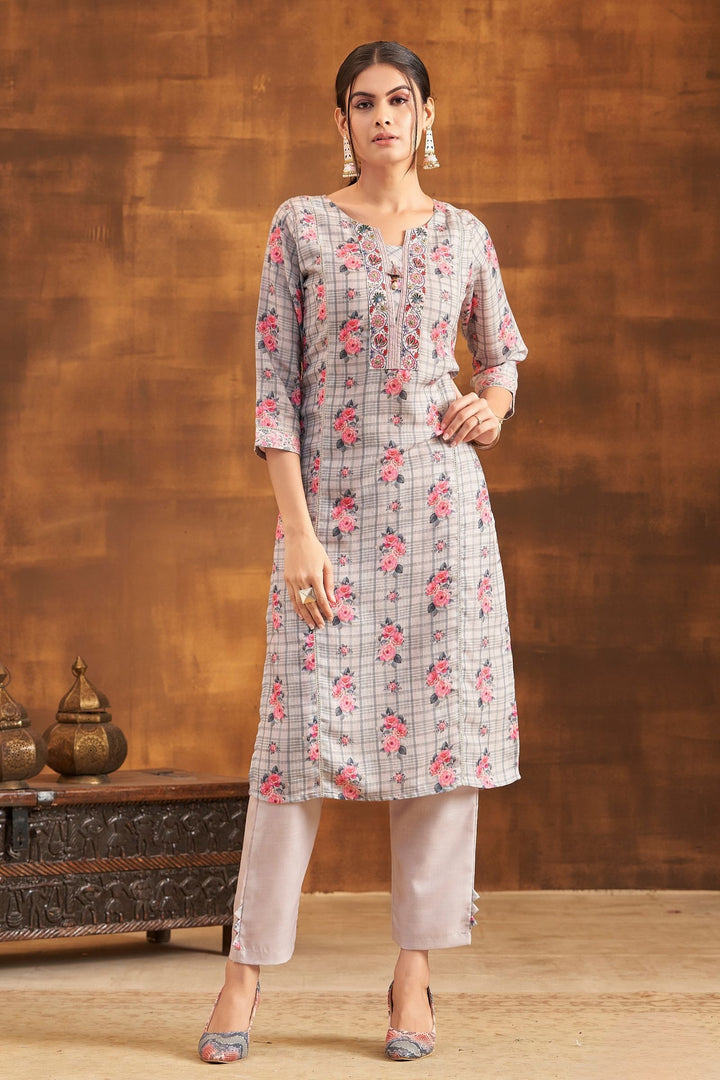 Light Grey Floral Print and Thread work Straight Cut Salwar Suit