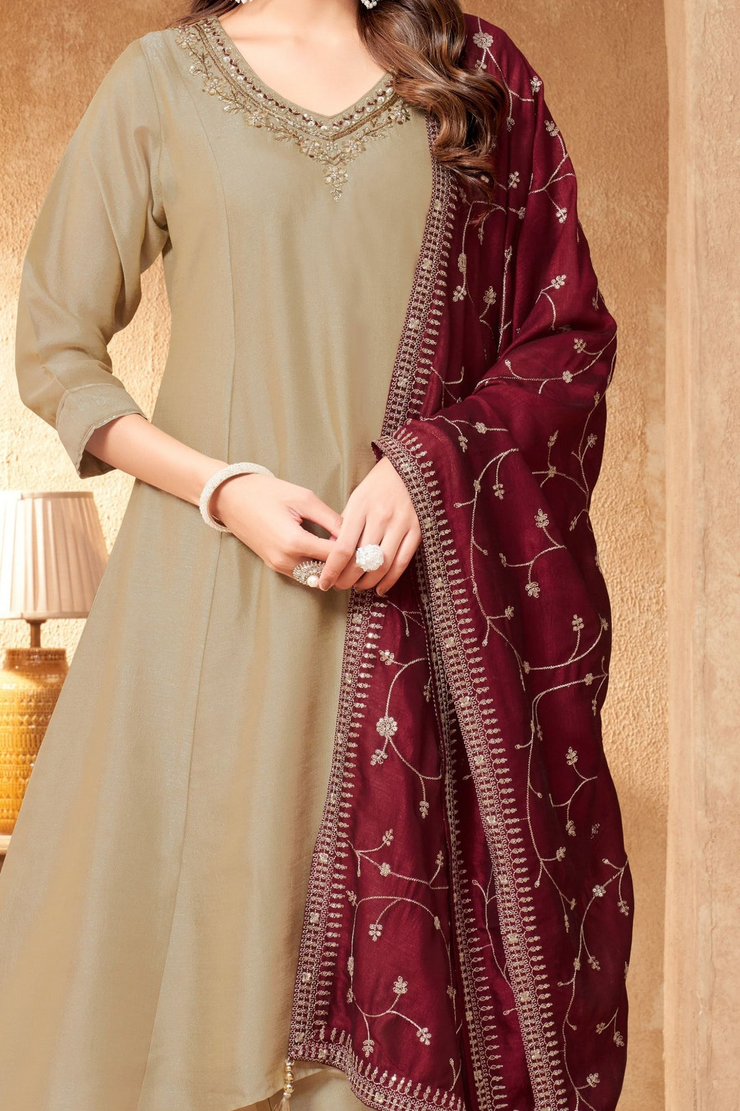 Beige Zardozi, Mirror and Beads work A-line Cut Salwar Suit
