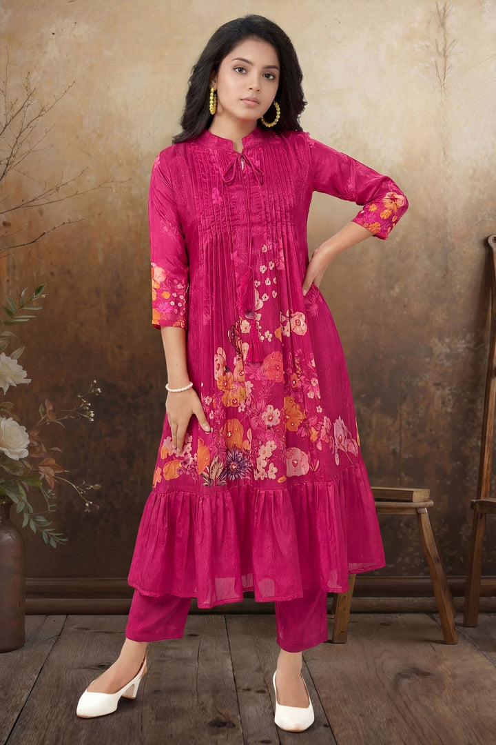 Rani Pink Floral Print Casual Kurti for Girls