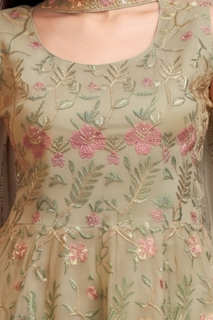 Dusty Green Embroidery, Zari and Sequins work Palazzo Set with Peplum Top