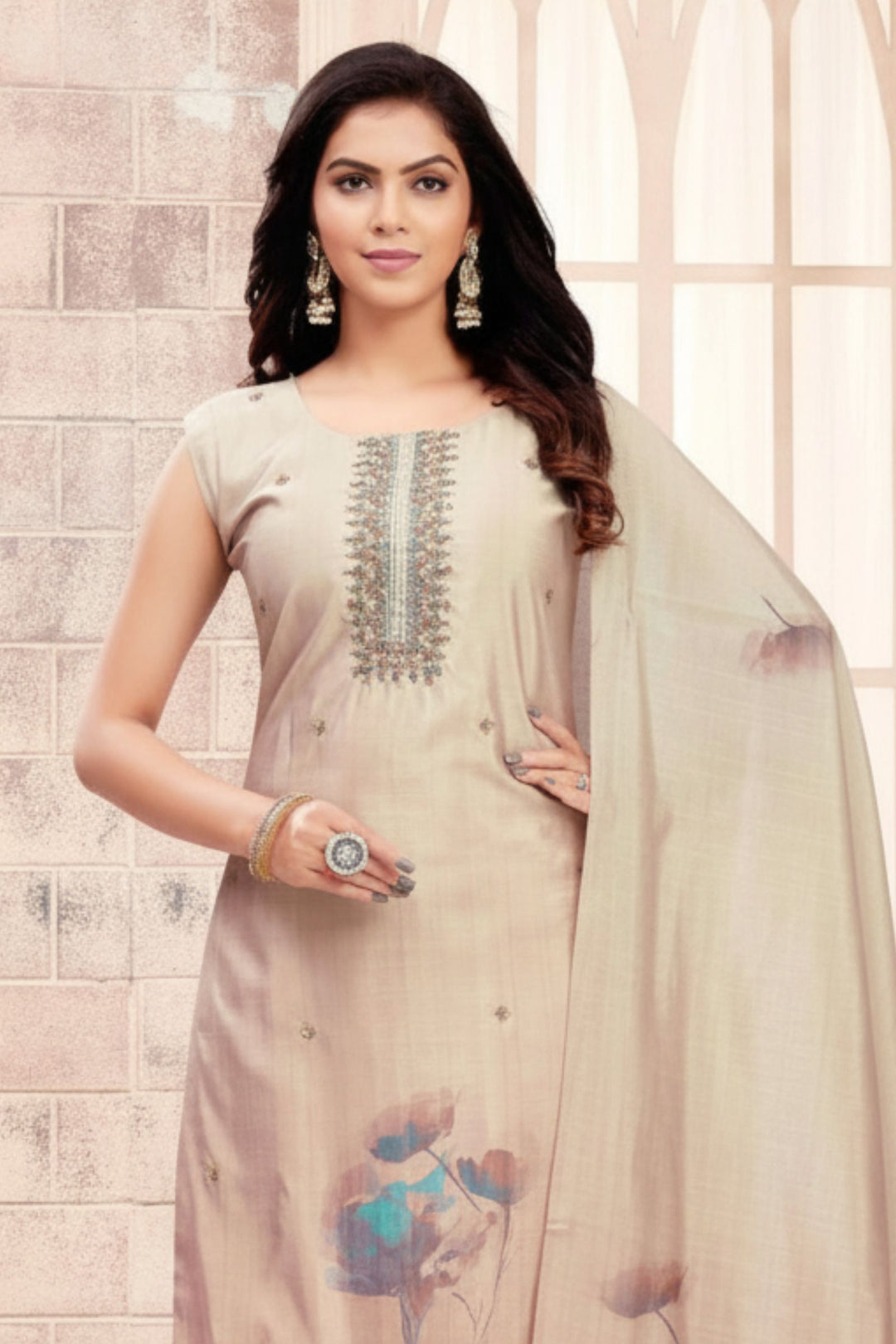 Beige Beads, Zardozi, Sequins, Thread and Mirror work Straight Cut Salwar Suit