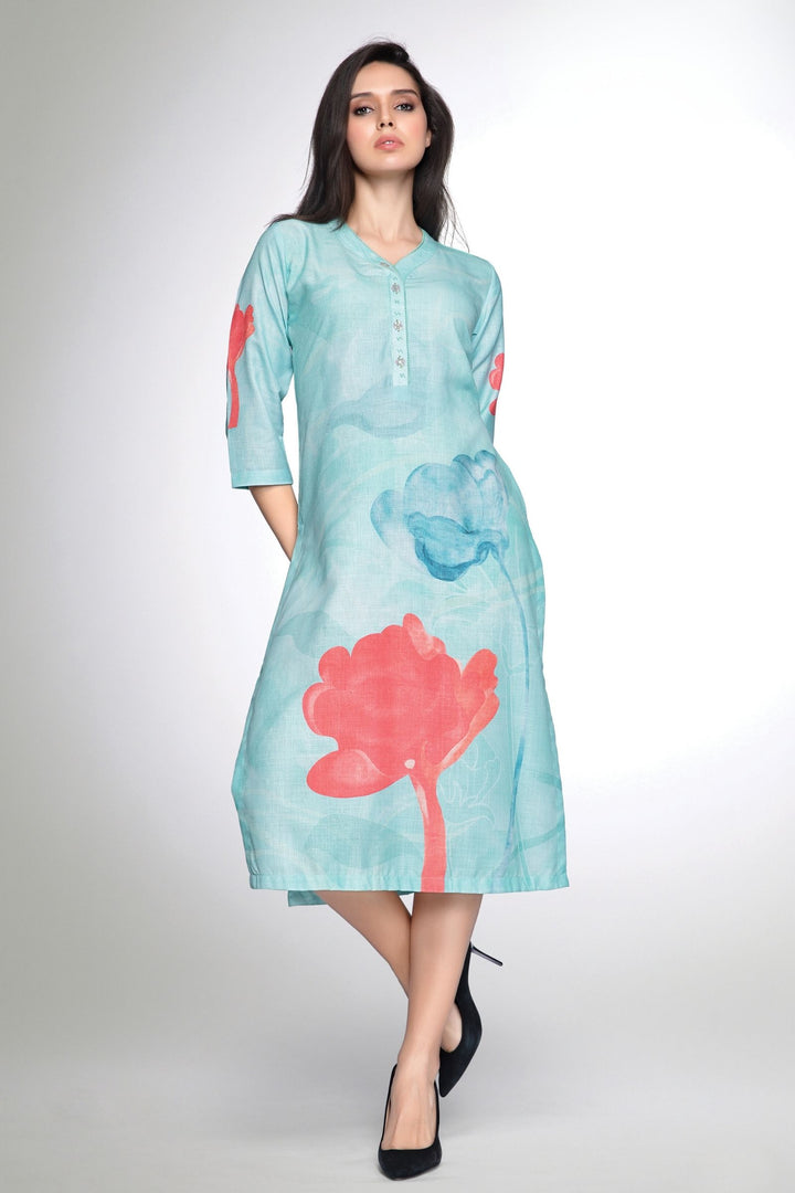 Sea Green Digital Print Calf Length Kurti