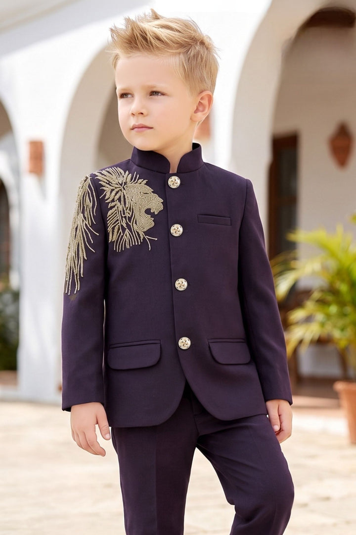 Wine Lion Beads Embroidered Shoulder Detail Jodhpuri Suit for Boys