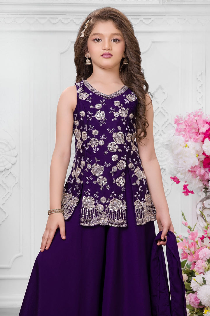 Dark Purple Sequins, Beads and Thread work Palazzo Suit Set for Girls