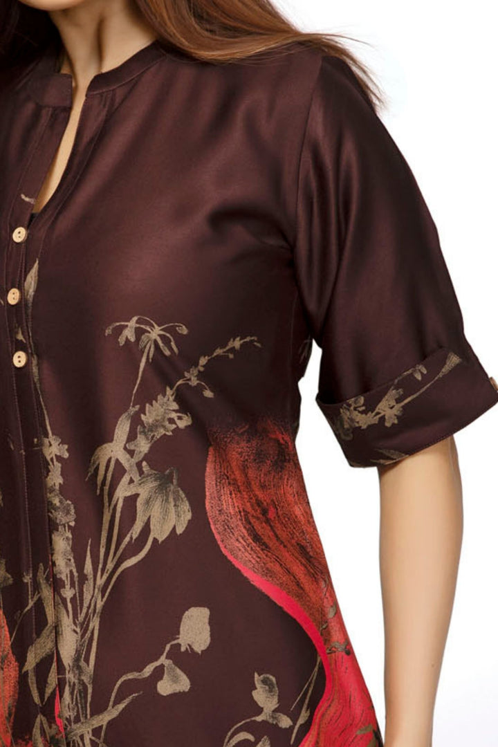 Coffee Brown Floral Print Short Kurti