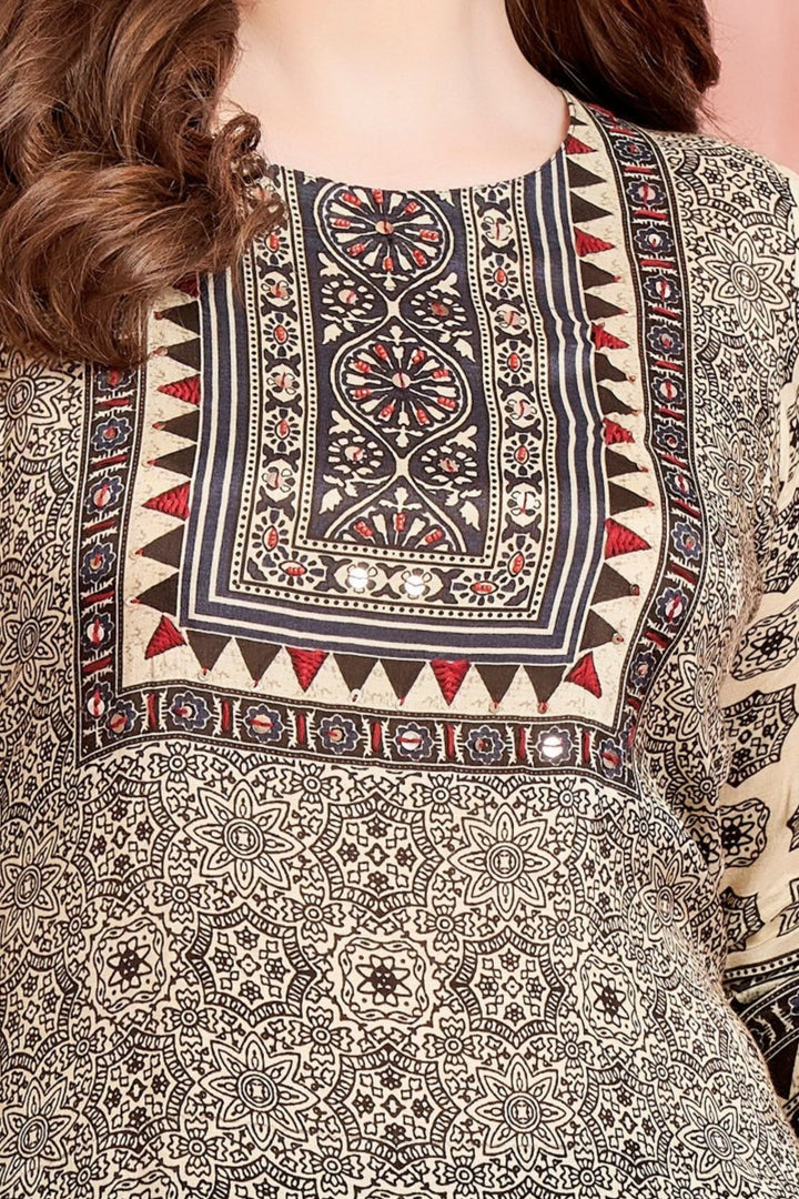 Cream Beads and Thread work with Ajrakh Print Calf Length Kurti