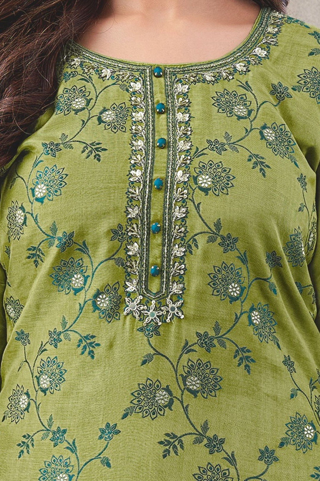 Green Beads, Sequins and Jacquard work Straight Cut Salwar Suit