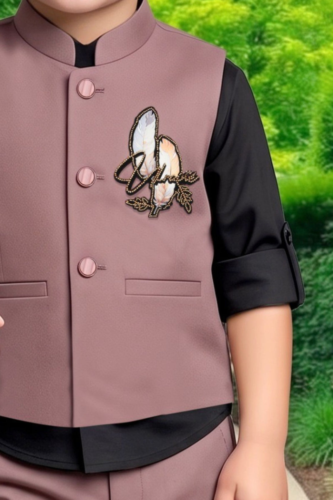 Light Brown Boys Waistcoat Set with Black Shirt and Light Brown Pants