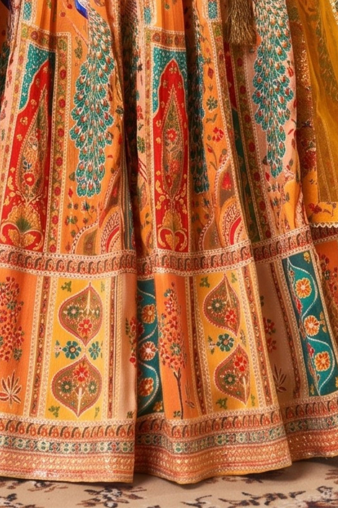 Mustard Mirror, Stone, Zari and Sequins work with Peacock Motif Printed Lehenga Set
