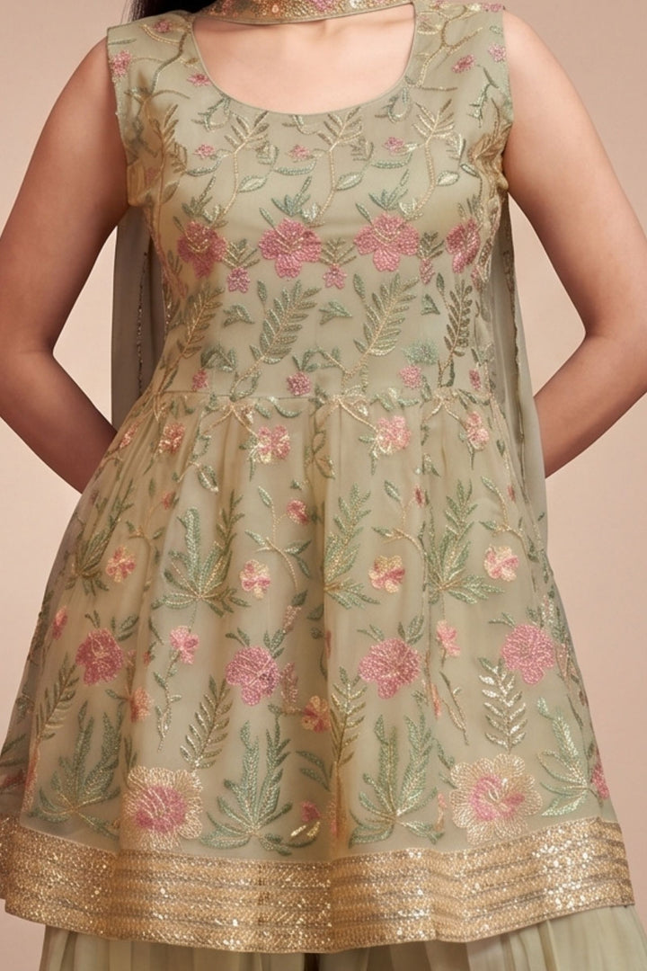 Dusty Green Embroidery, Zari and Sequins work Palazzo Set with Peplum Top