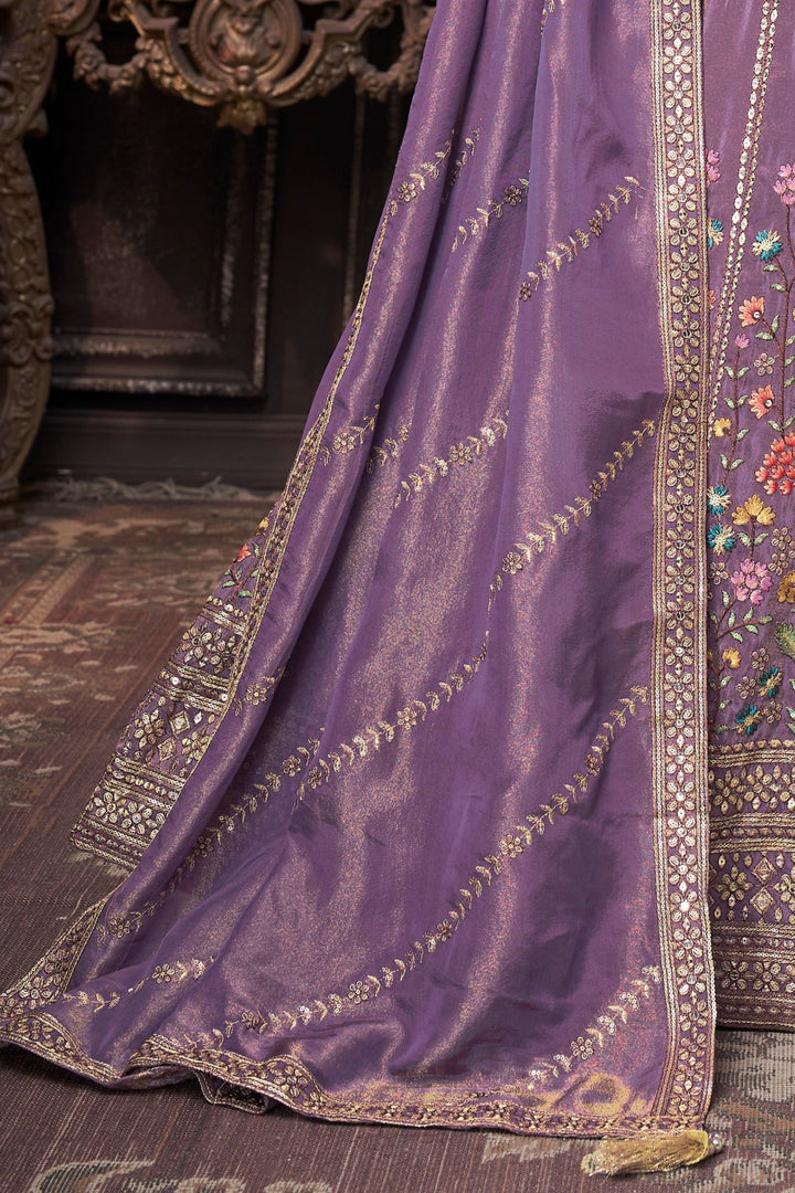 Lavender Multicolor Embroidery, Zari and Sequins work Crop Top Lehenga