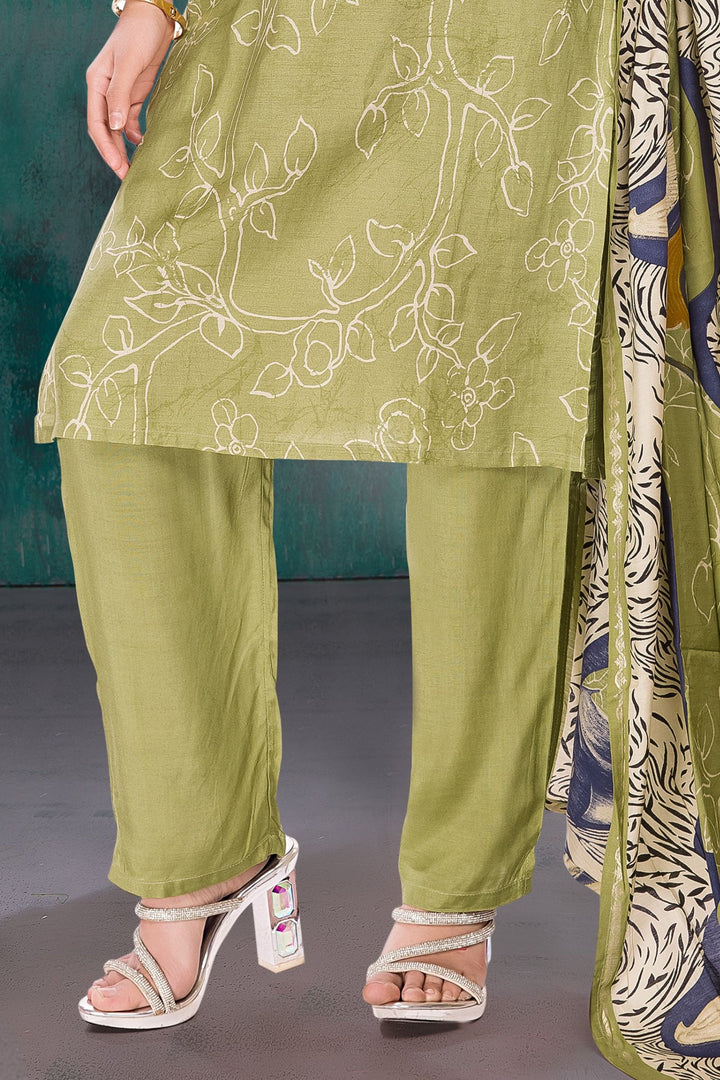 Pista Green Mirror and Beads work with Printed Straight Cut Salwar Suit for Girls