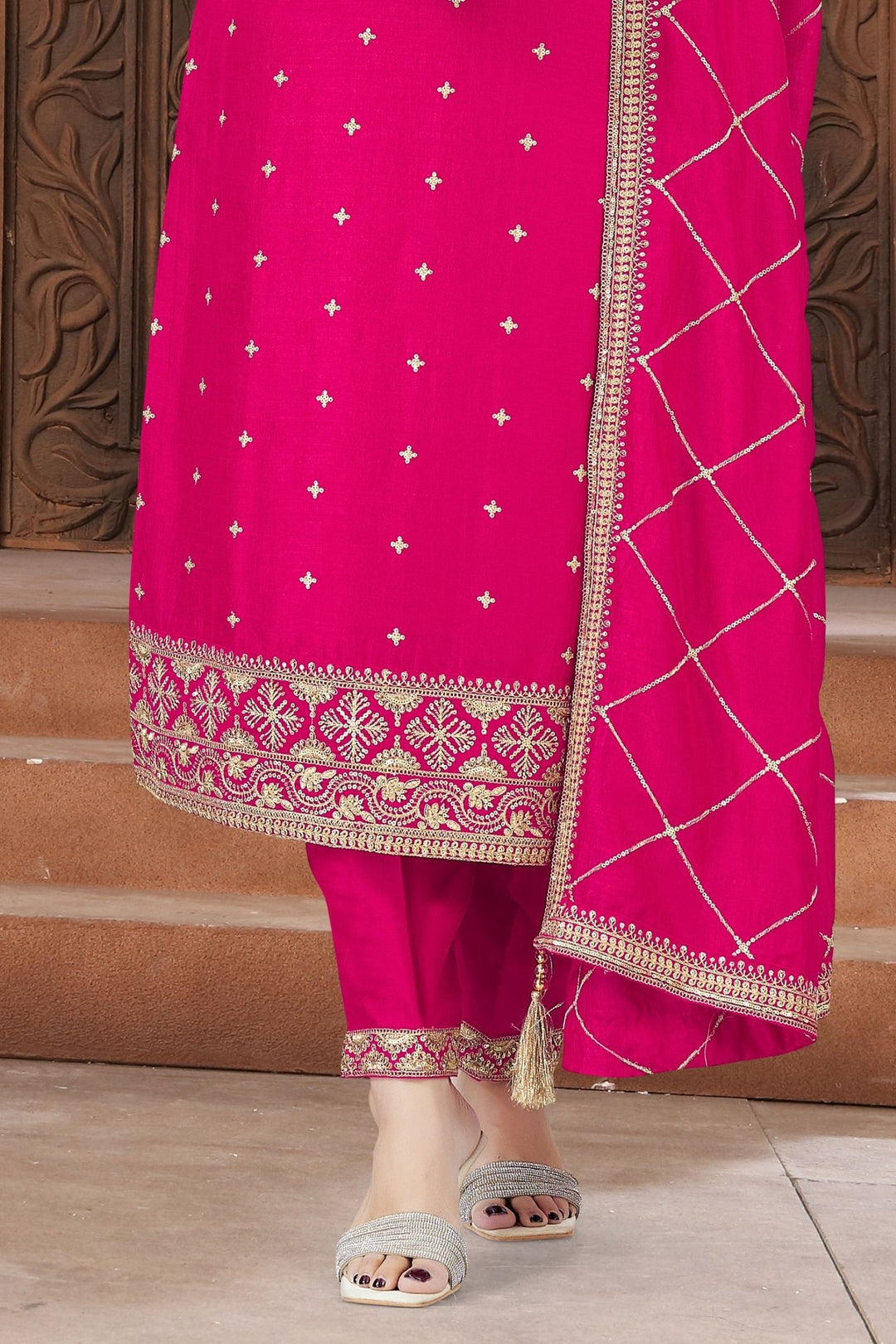Rani Pink Sequins, Zari and Beads work Straight Cut Salwar Suit