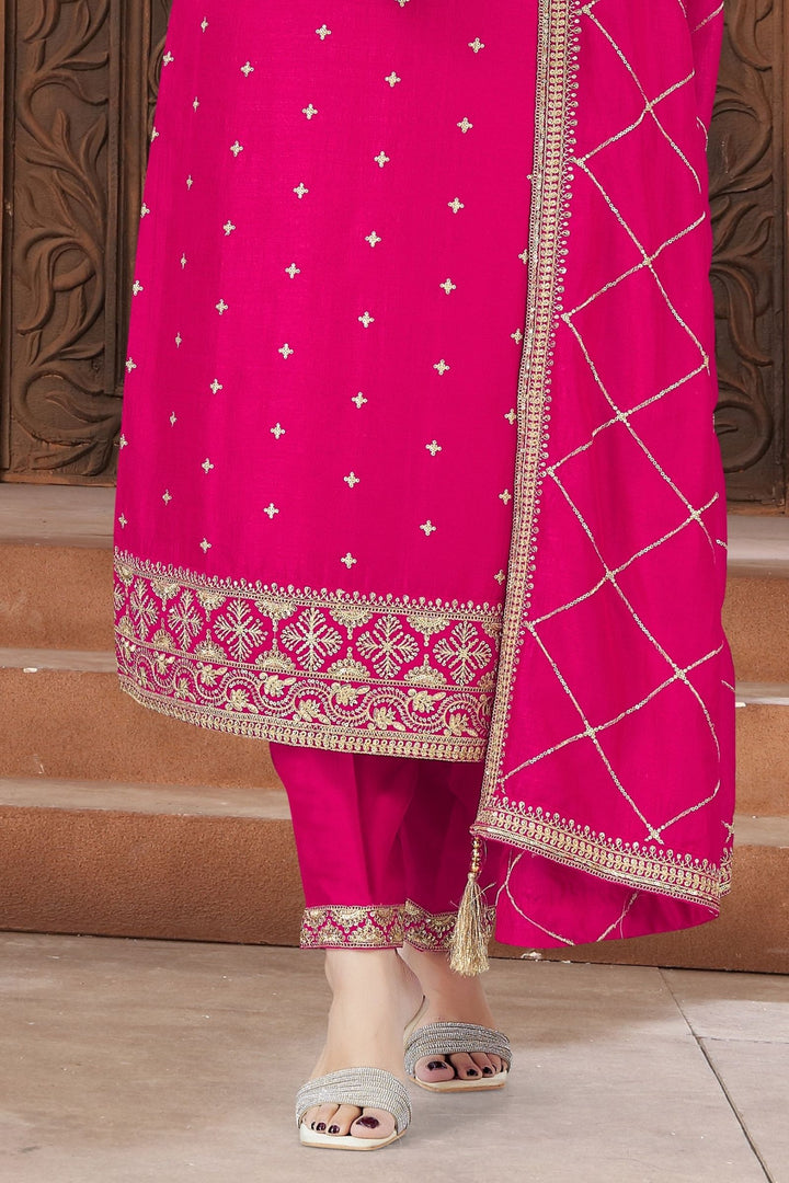 Rani Pink Sequins, Zari and Beads work Straight Cut Salwar Suit