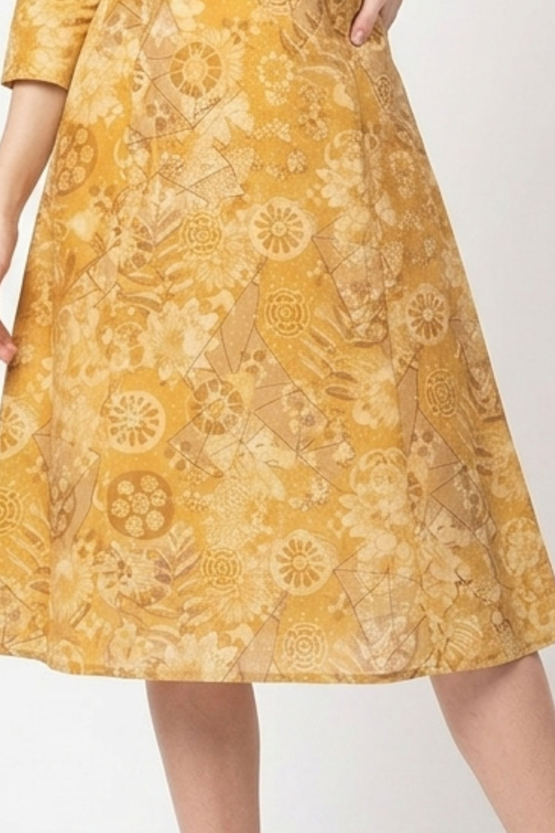 Mustard Embroidery and Mirror work with Digital Print A-Line Cut Calf Length Kurti