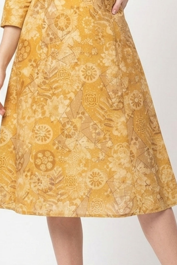 Mustard Embroidery and Mirror work with Digital Print A-Line Cut Calf Length Kurti