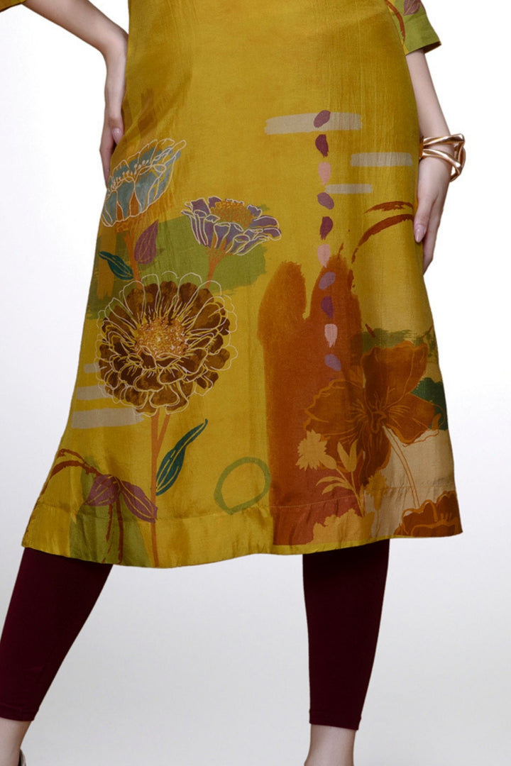 Mehendi Green Floral Print Calf Length Kurti