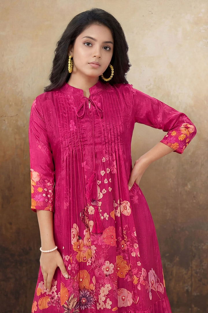 Rani Pink Floral Print Casual Kurti for Girls
