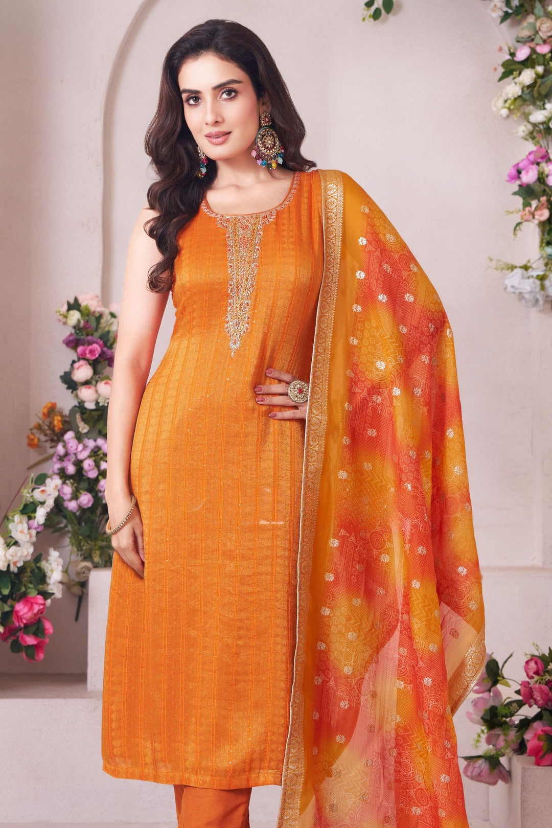 Orange Zardozi, Beads, Zari, Stone, Mirror and Thread work Straight Cut Salwar Suit