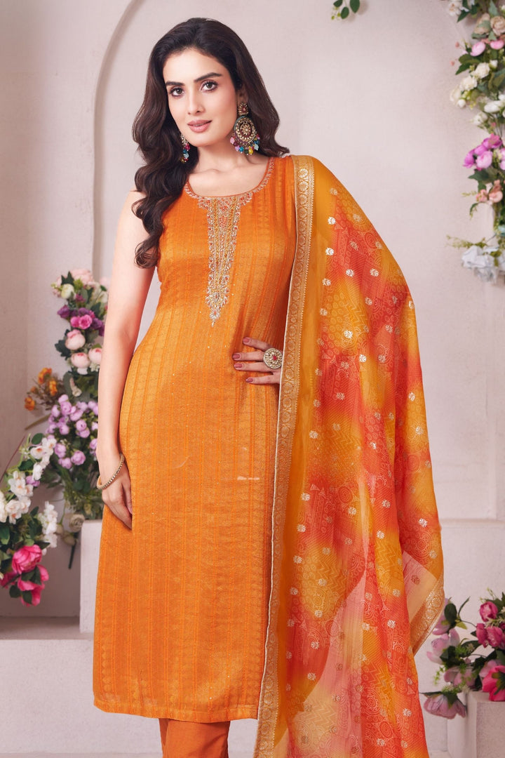 Orange Zardozi, Beads, Zari, Stone, Mirror and Thread work Straight Cut Salwar Suit