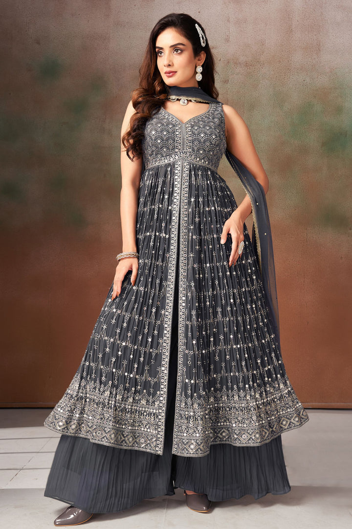 Grey Sequins, Zari and Thread work Salwar Suit with Palazzo Pants